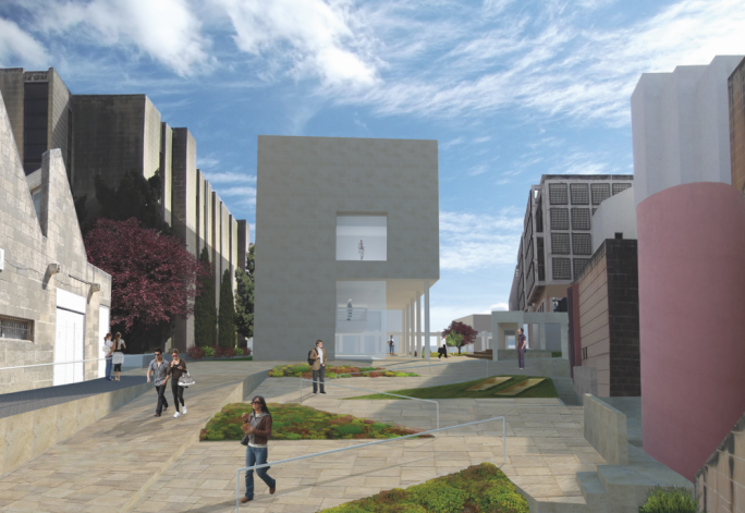 The parking area next to the library will be transformed into engineering labs and offices for post-doctoral research