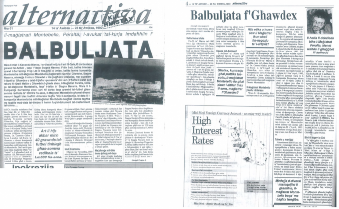 1992: The story breaks - The first report on this case is in Alternattiva Demokratika’s newspaper, reporting the 24-hour decision by magistrate Carol Peralta to recognise Richard Stagno Navarra as the ‘rector’ of the Giuspatronat At this stage, the Church has only started its legal challenge to stop Peralta’s decision The shareholders in Berracimp transfer their shares to Jimp Ltd, which is now the controlling shareholder in the company