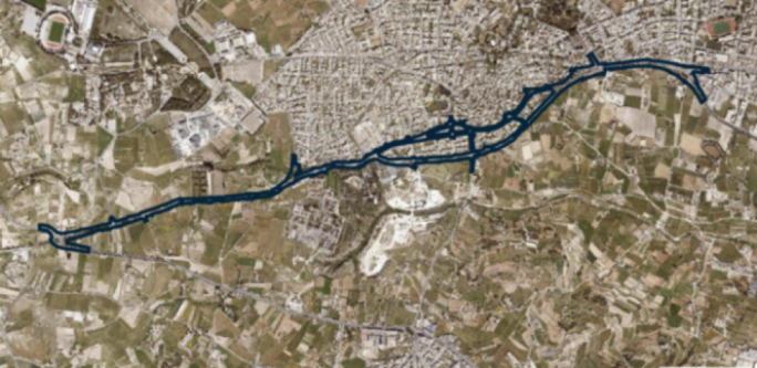 The blue line represents the extent of the Central Link project that connects the Saqqajja Hill roundabout (left) to the Mrieħel bypass (right). The road passes through Attard