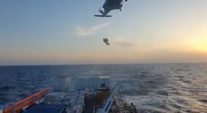 Video footage by SOS Mediterranee showing an AFM helicopter evacuating a nine month-pregnant woman