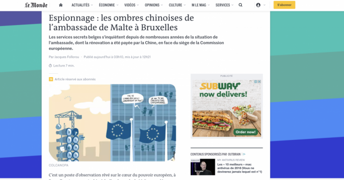 The Le Monde report, with the title Espionage: The Chinese Shadows Inside The Maltese Embassy In Brussels