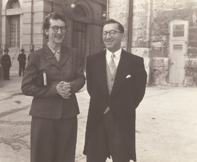 In 1955, Moyra and Dom before meeting Queen Elizabeth in Malta aboard their royal yacht