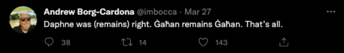 Borg Cardona's tweet right after Labour secured a historic electoral win last March