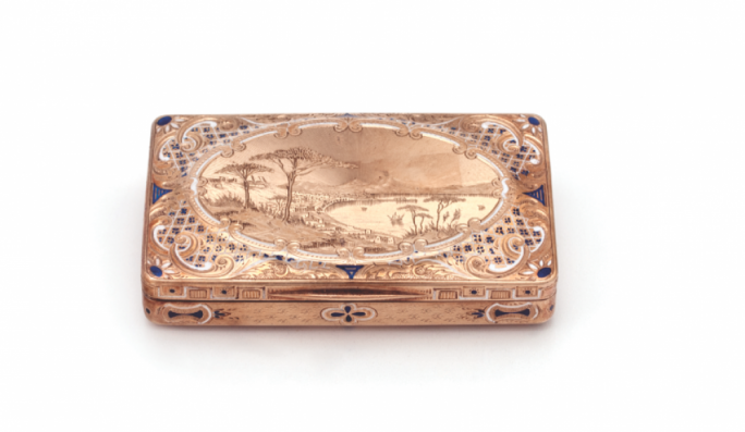 Snuff box with scene of Vesuvius and the Bay of Naples, Gold, Enamel, probably Italy, 19th century