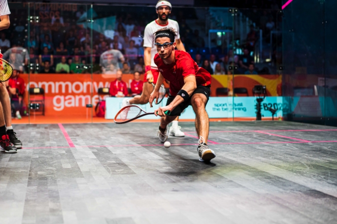 Men’s Squash Doubles Kijan Sultana and Niall Engerer, following their victory against the Cayman Islands yesterday afternoon, played against top seeded English doubles players James Willstrop and Declan James