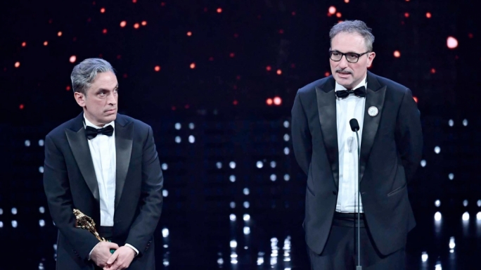Grassadonia and Piazza accepting the Donatello award for Best Adapted Screenplay last January