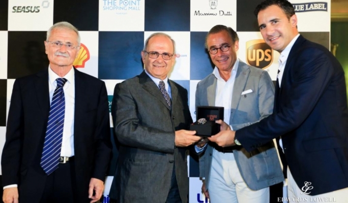 Left to right: Joe Said Chairman of the Valletta Gran Prix Foundation, the winner Roberto Farneti, Drew Campbell- Smith from Chopard and Malcolm Lowell from Edwards, Lowell.