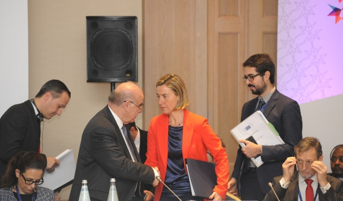 Malta's foreign affairs minister George Vella welcoming Federica Mogherini