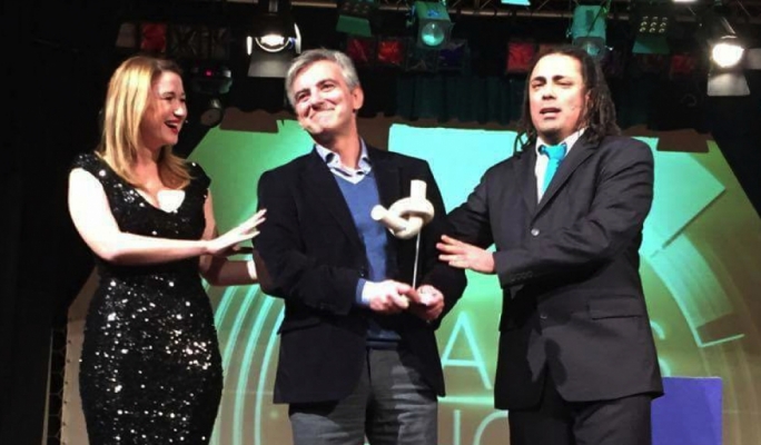 Jo Caruana and Steve Hili present Opposition leader Simon Busuttil with an award during one of their sketches