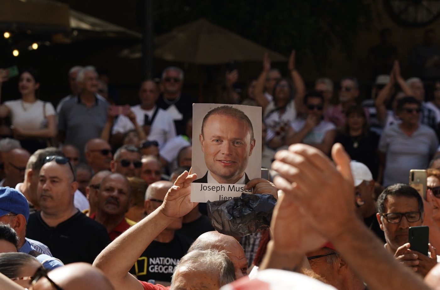 Joseph Muscat supporters outside the law courts in Valletta in 2024 when the former prime minister was charged with corruption in the Vitals hospitals project following the conclusion of a magisterial inquiry (Photo: James Bianchi/MaltaToday)
