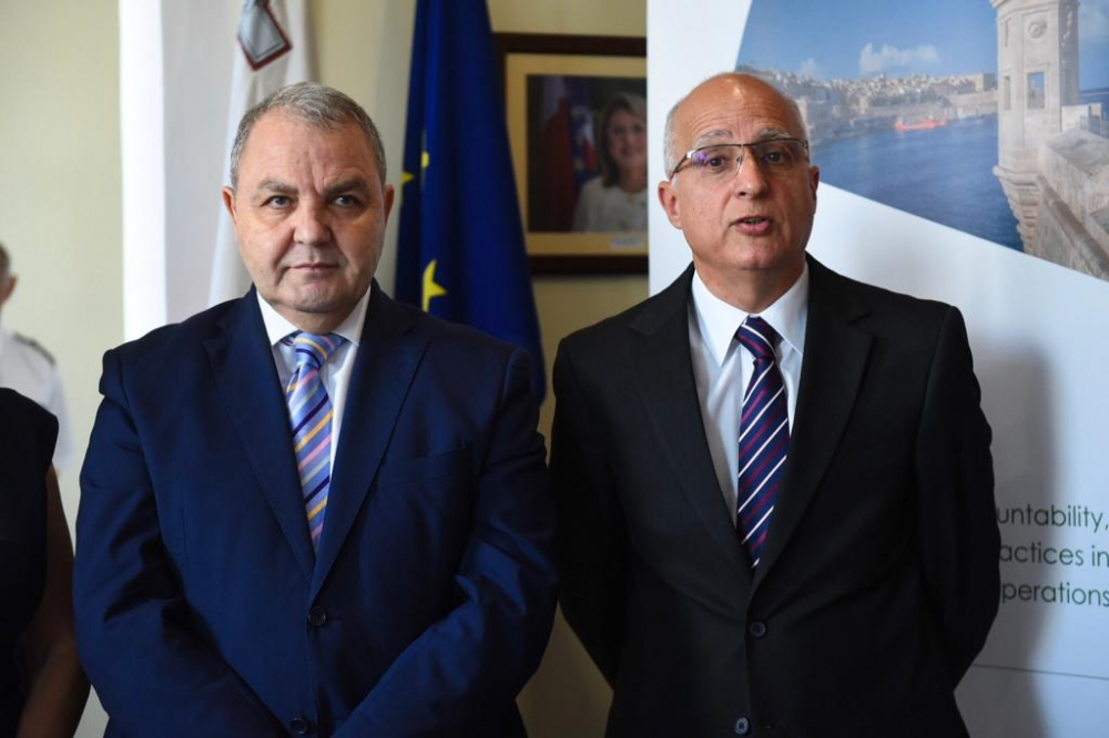 Outgoing Auditor General Charles Deguara (right) standing next to Speaker of the House Anglu Farrugia (Photo: James Bianchi/MaltaToday)