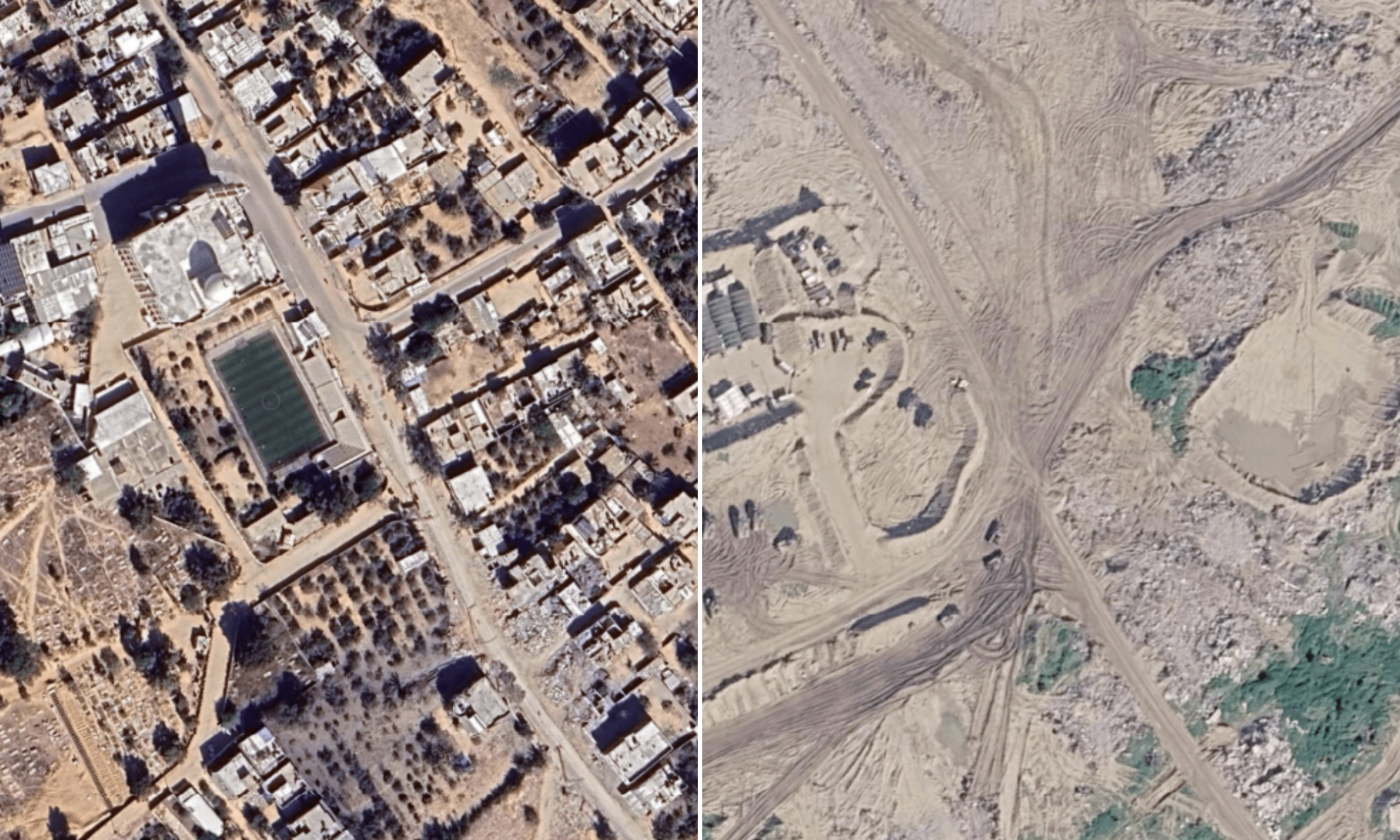 Indonesian Istiqlal Mosque, Khan Younis in October 2023 (left) and January 2026 (right) (Photo: Google Earth)