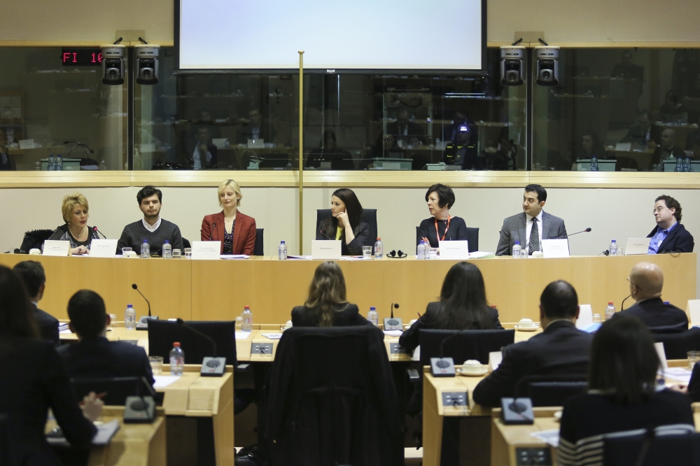 Miriam Dalli addresses youths at a conference in Brussels