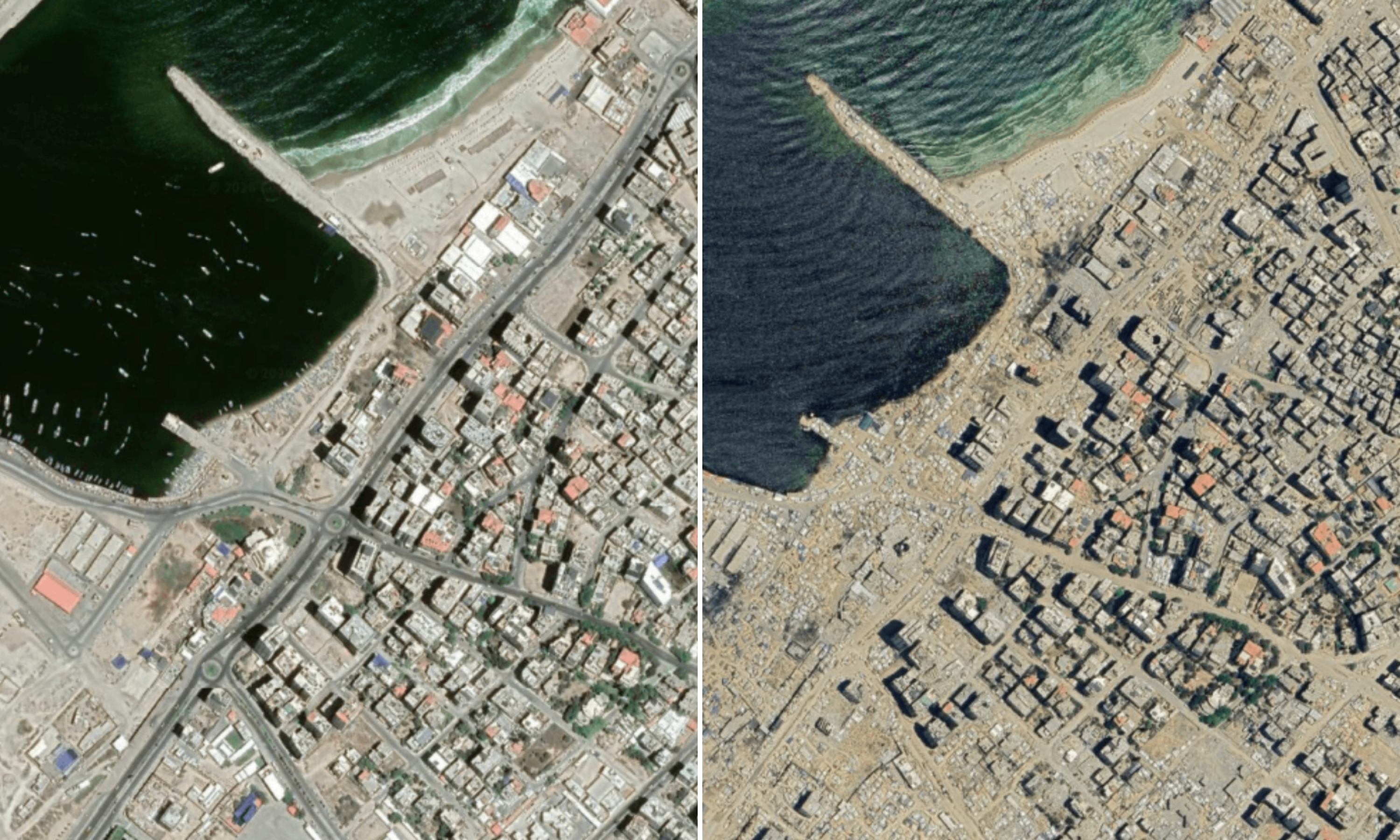 Port of Gaza, Gaza City in August 2023 (left) and July 2025 (right) (Photo: Google Earth)