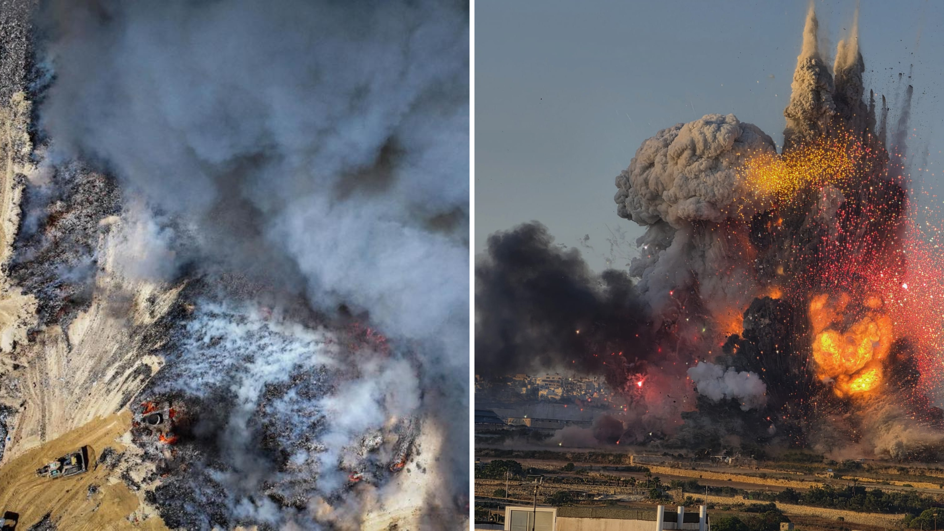Wasteserv landfill fire in May (left) and the Lourdes factory explosion (right)