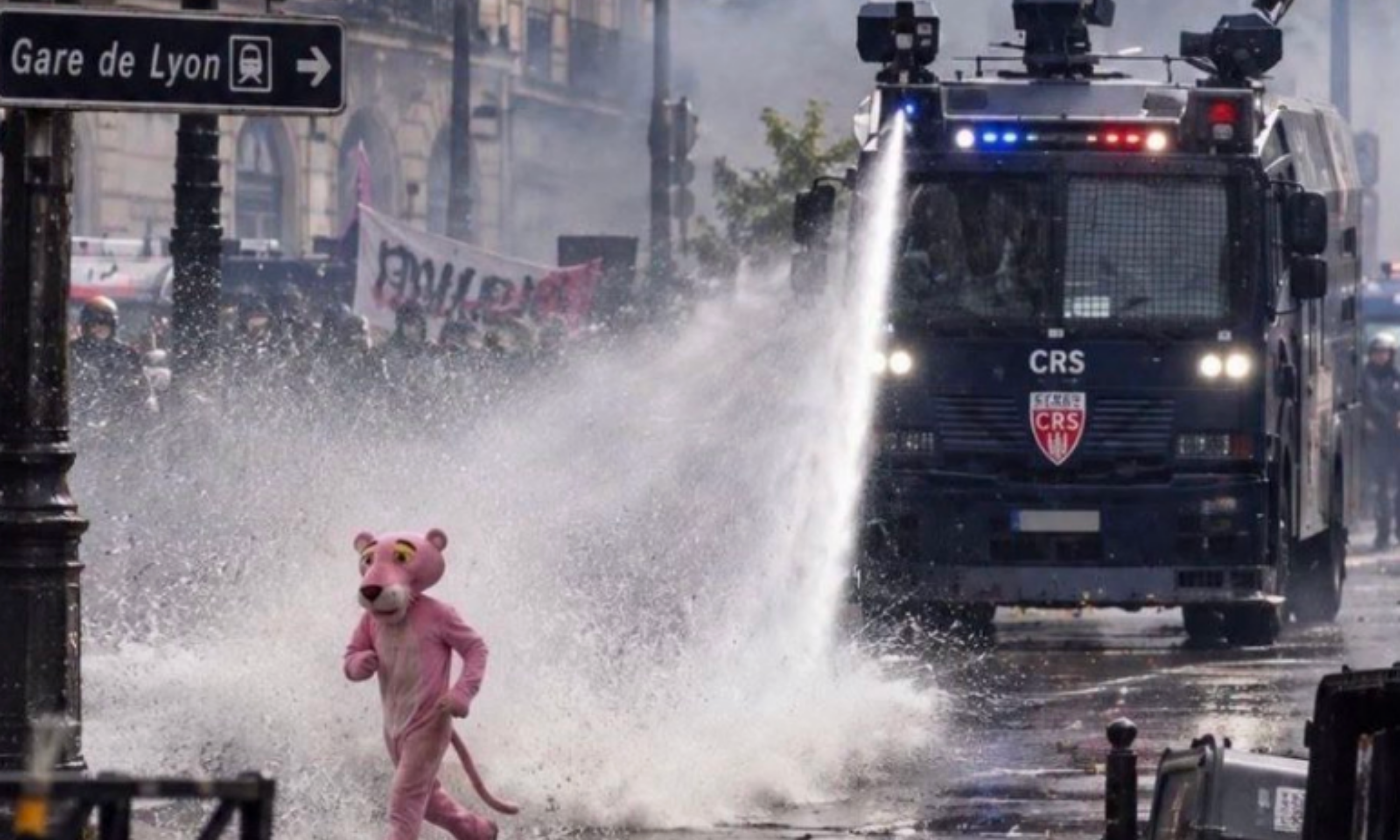 A demonstrator in France dressed as Pink Panther escaping water cannons