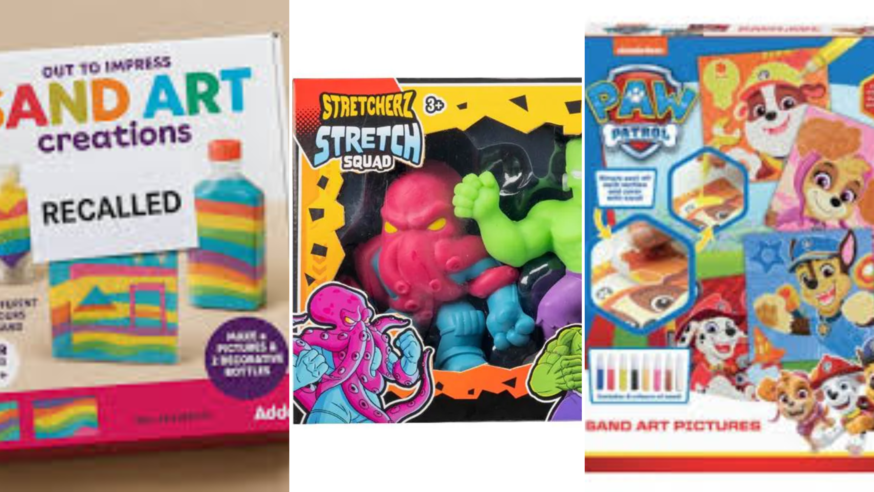 Three of the seven toys which are being recalled due to asbestos identification