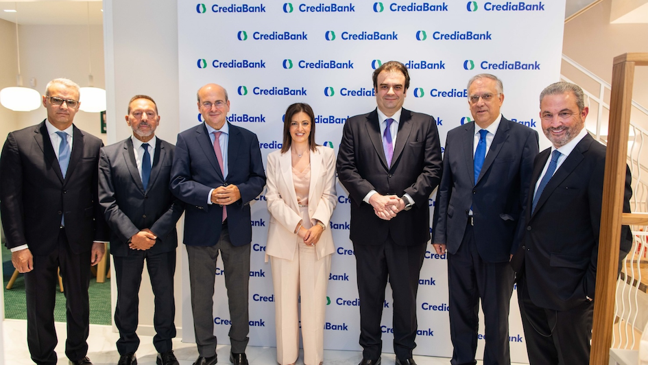 CrediaBank president Constantinos Herodotou (first from left) and CEO Eleni Vrettou (4th from left) with Greek Deputy Prime Minister Kostis Hatzidakis (3rd from left) and others