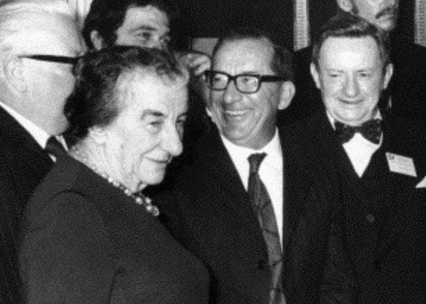 Prime Minister Dom Mintoff and Israeli Prime Minister Golda Meir (left) during a meeting of the Socialist International in London in November 1973