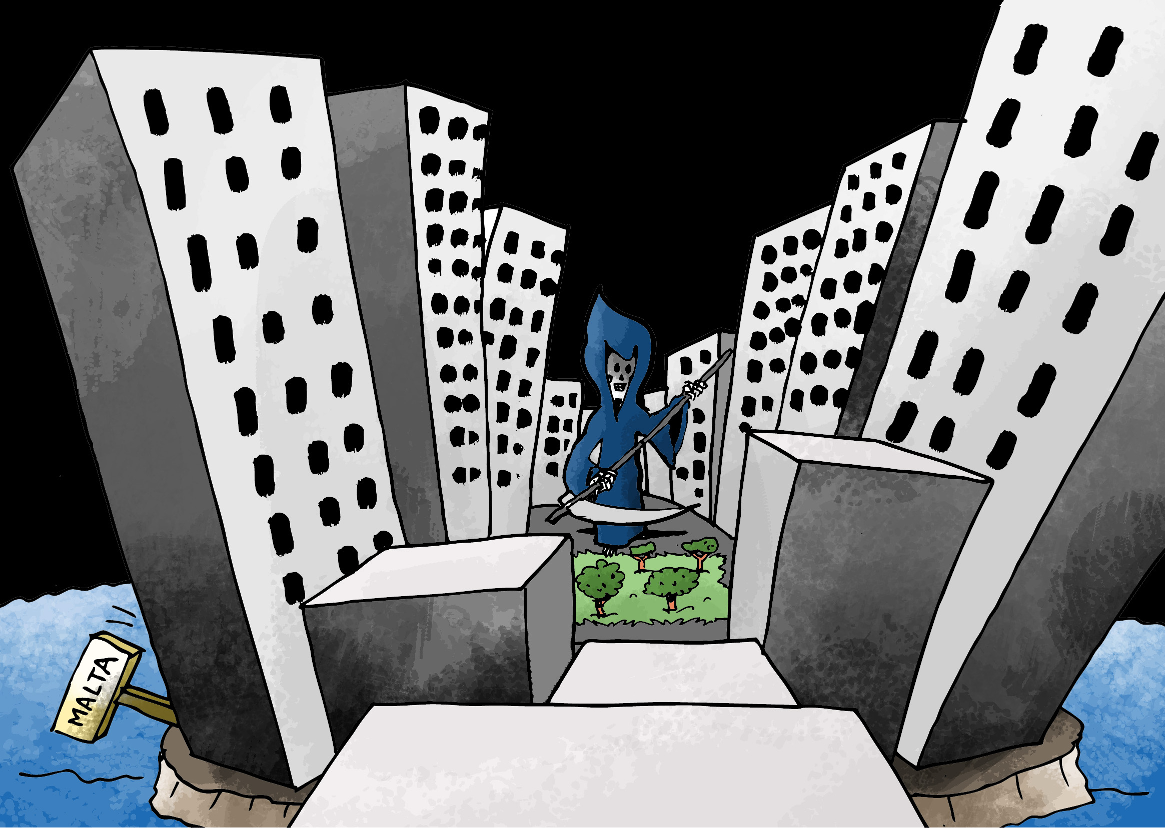 28 September: Development embodied as the Grim Reaper tearing its way through the last open space in Malta. This cartoon was published alongside MaltaToday's endorsement of the Ġustizzja għal Artna campaign
