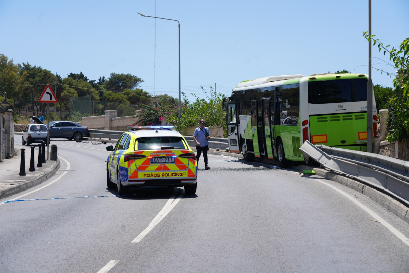 The bus, with passengers still on board, then rolled back along Triq il-Missjunarji Maltin before crashing into a road barrier (Photo: James Bianchi/MaltaToday)