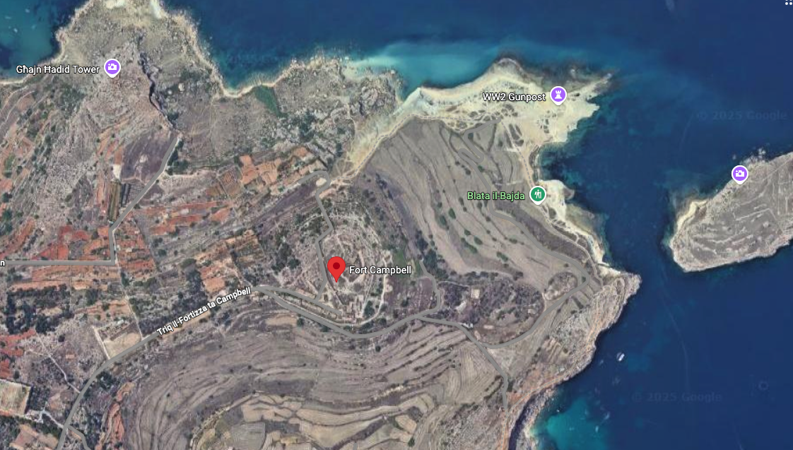 An aerial view showing the location of Fort Campbell in Selmun, Mellieħa, overlooking St Paul’s Islands to the right (Photo: GoogleMaps)