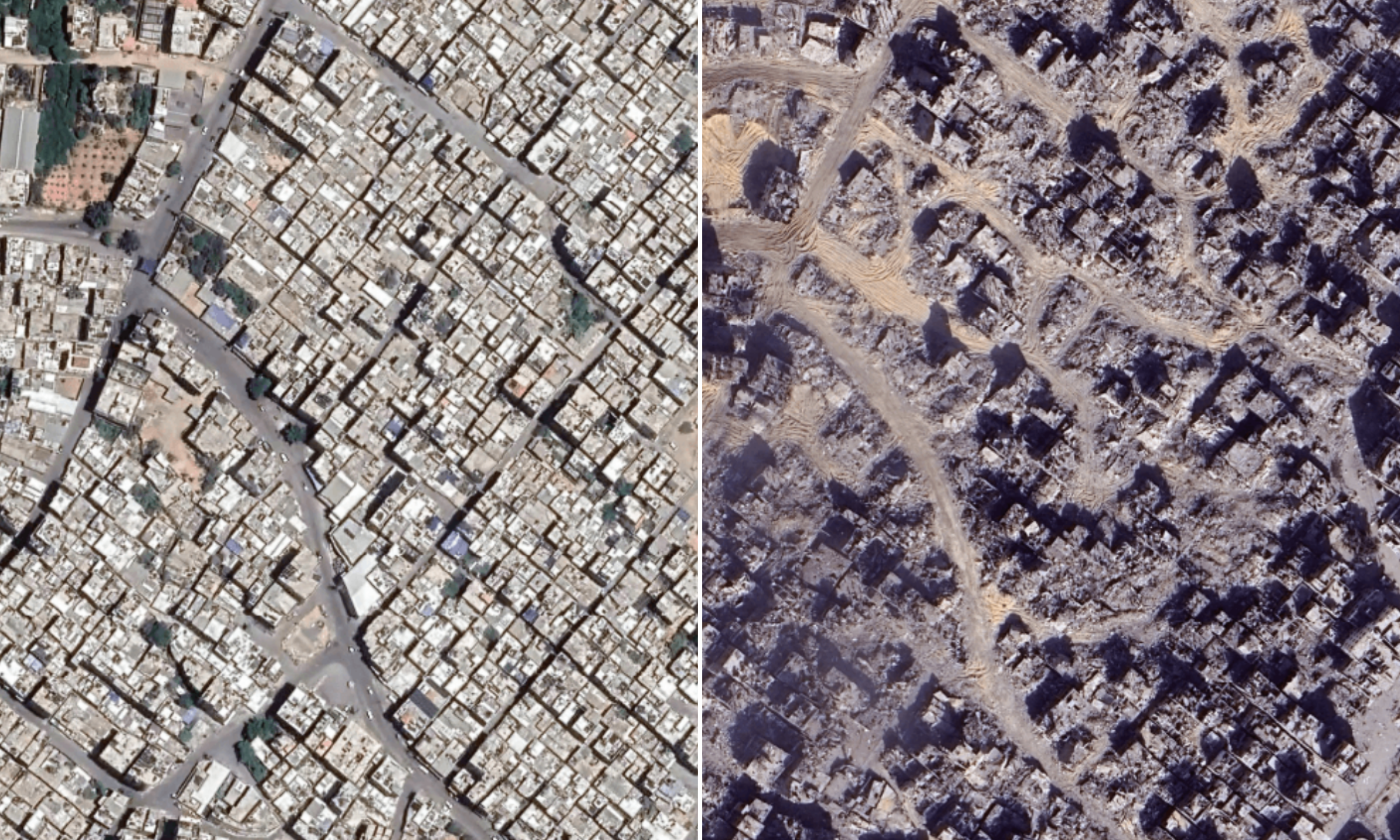Jabalia refugee camp, North Gaza in July 2023 (left) and December 2024 (right) (Photo: Google Earth)