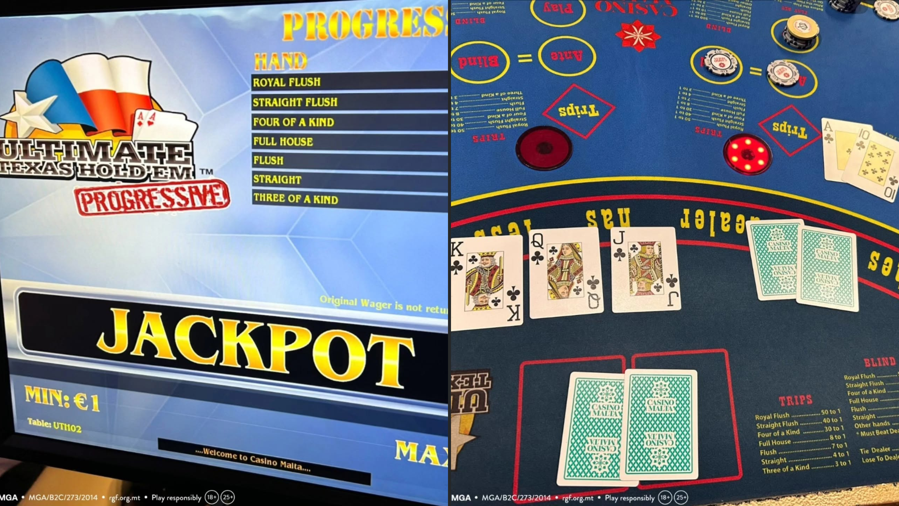 A royal flush consists of an ace, king, queen, jack and 10, all belonging to the same suit. The five cards must all be hearts, diamonds, clubs or spades (Photo: Casino Malta)