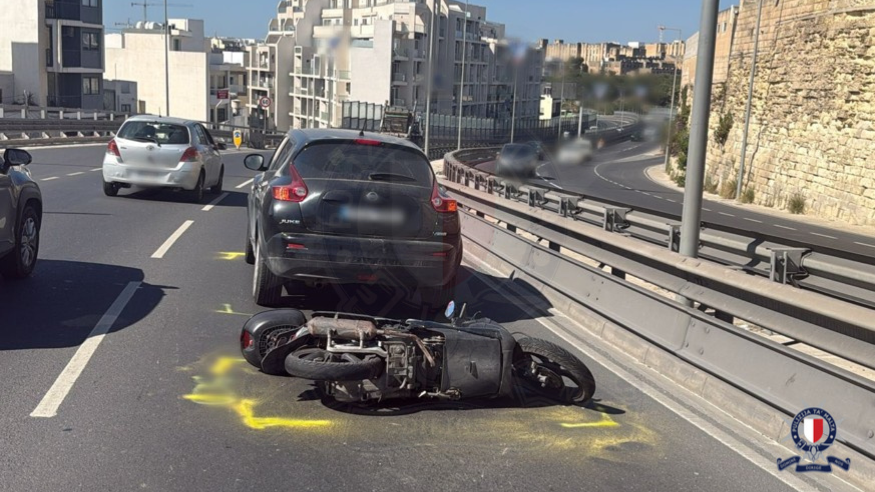 Motorcyclist suffers grievous injuries after colliding with Nissan Juke
