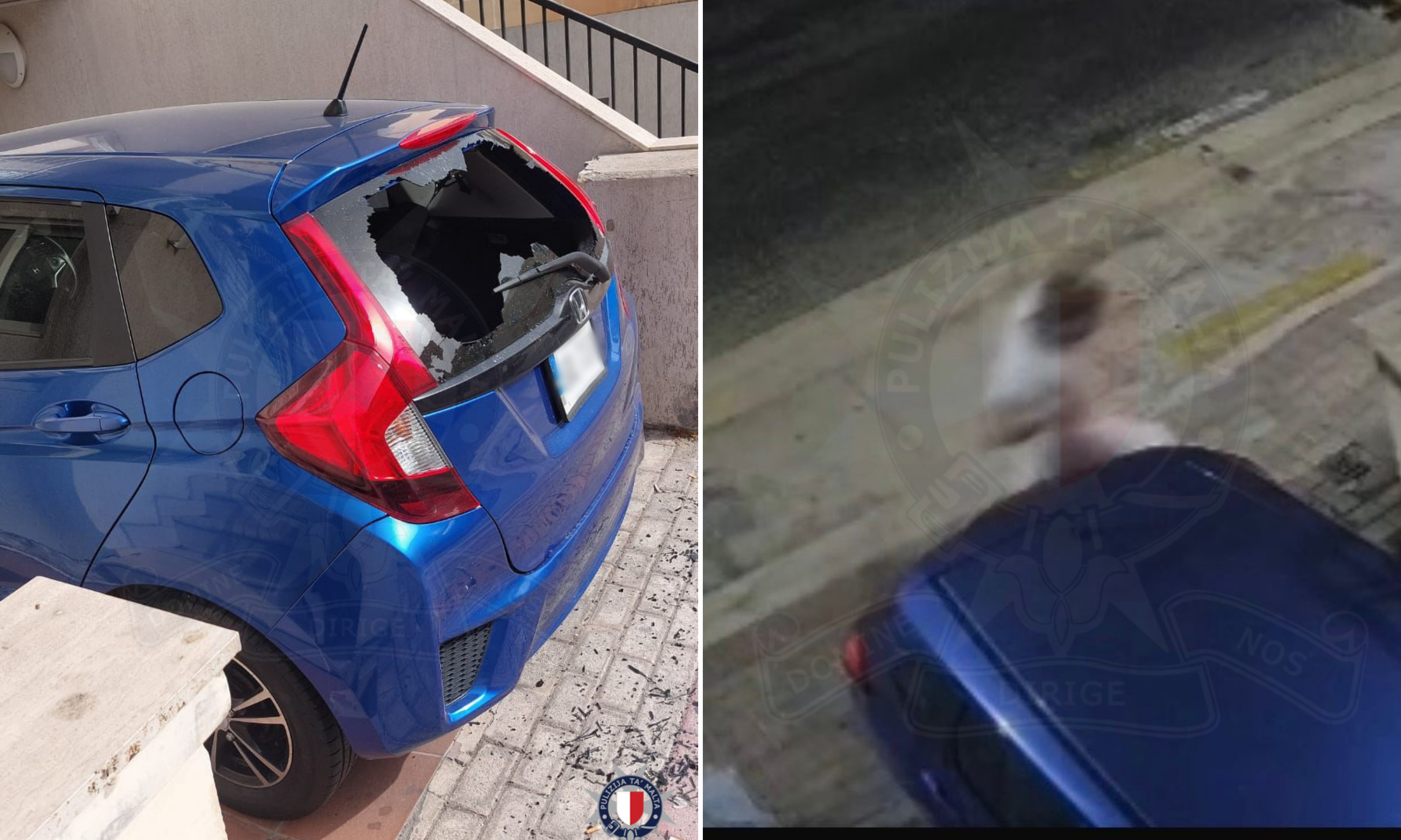 Photos taken after the incident show the car’s rear window completely shattered (Photo: Police)