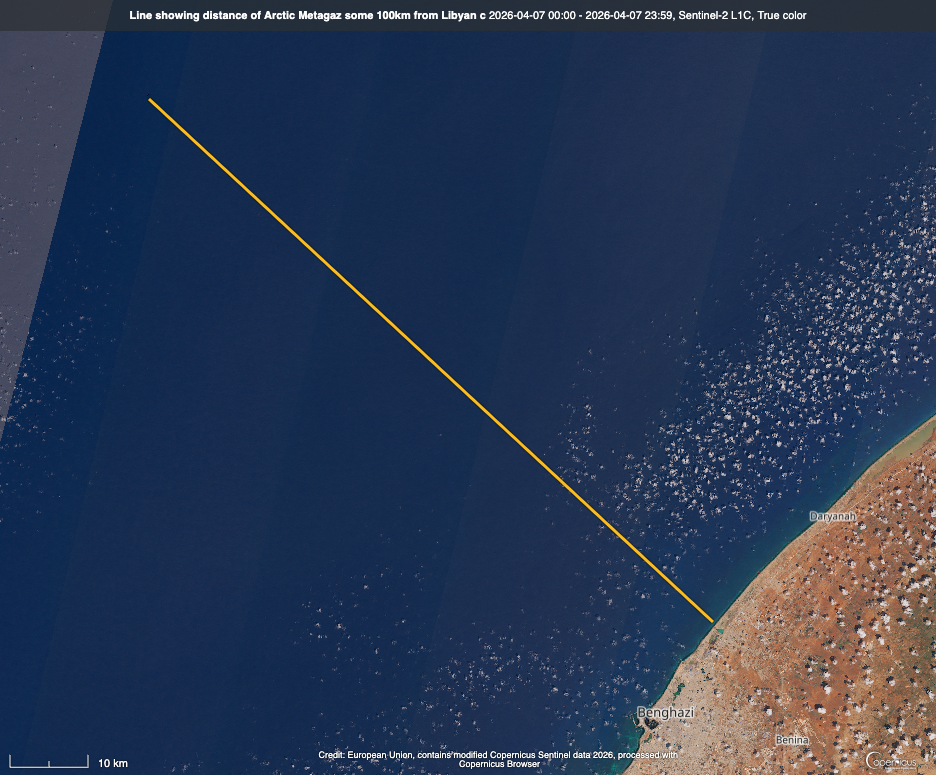 Line showing the distance of the Arctic Metagaz from the Libyan coastline on 7 April as determined using the tools provided by Copernicus Sentinel-2 website (Photo: Copernicus) 