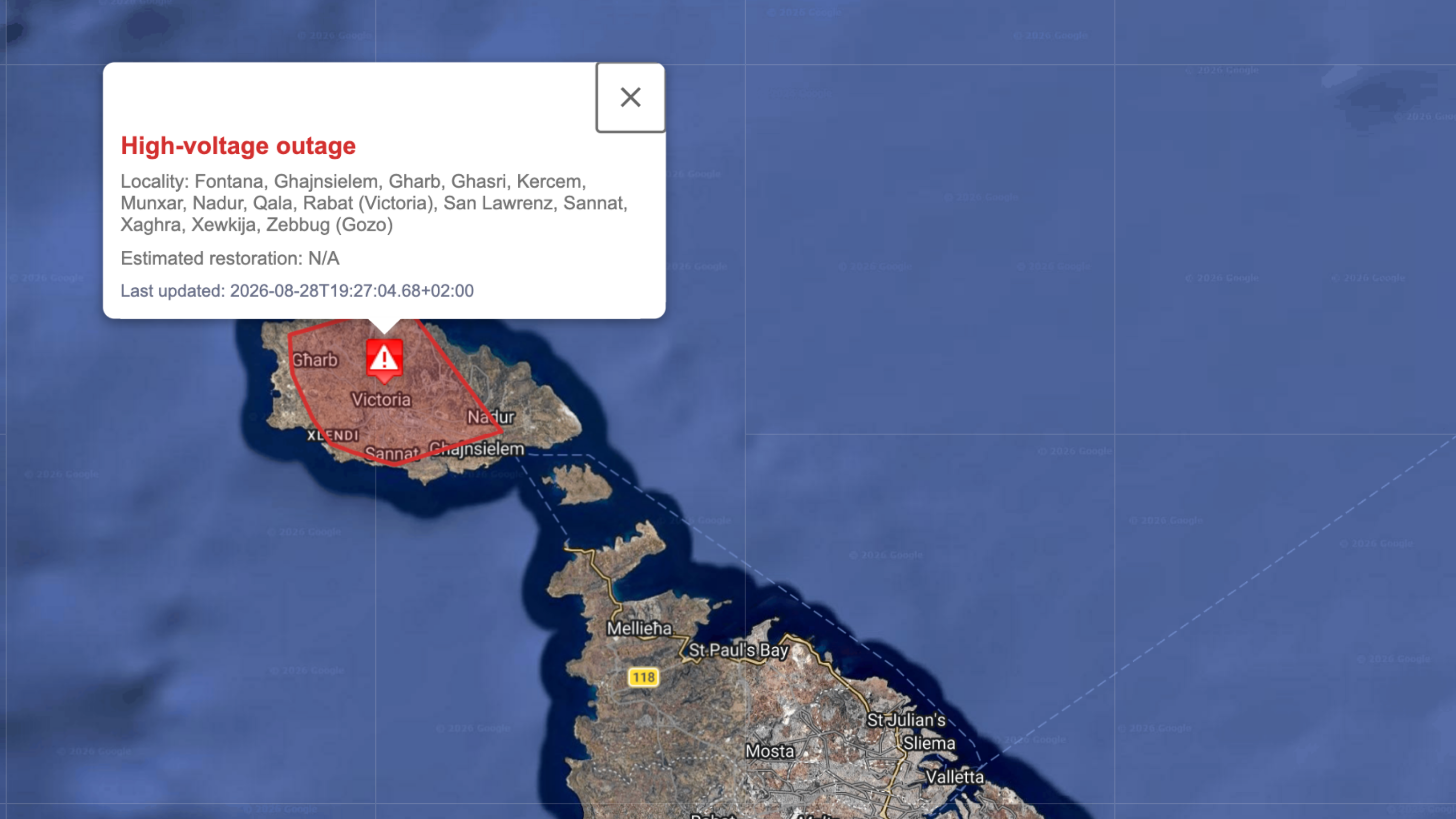 Locality affected are Fontana, Ghajnsielem, Gharb, Ghasri, Kercem, Munxar, Nadur, Qala, Rabat (Victoria), San Lawrenz, Sannat, Xaghra, Xewkija, Zebbug (Gozo)
