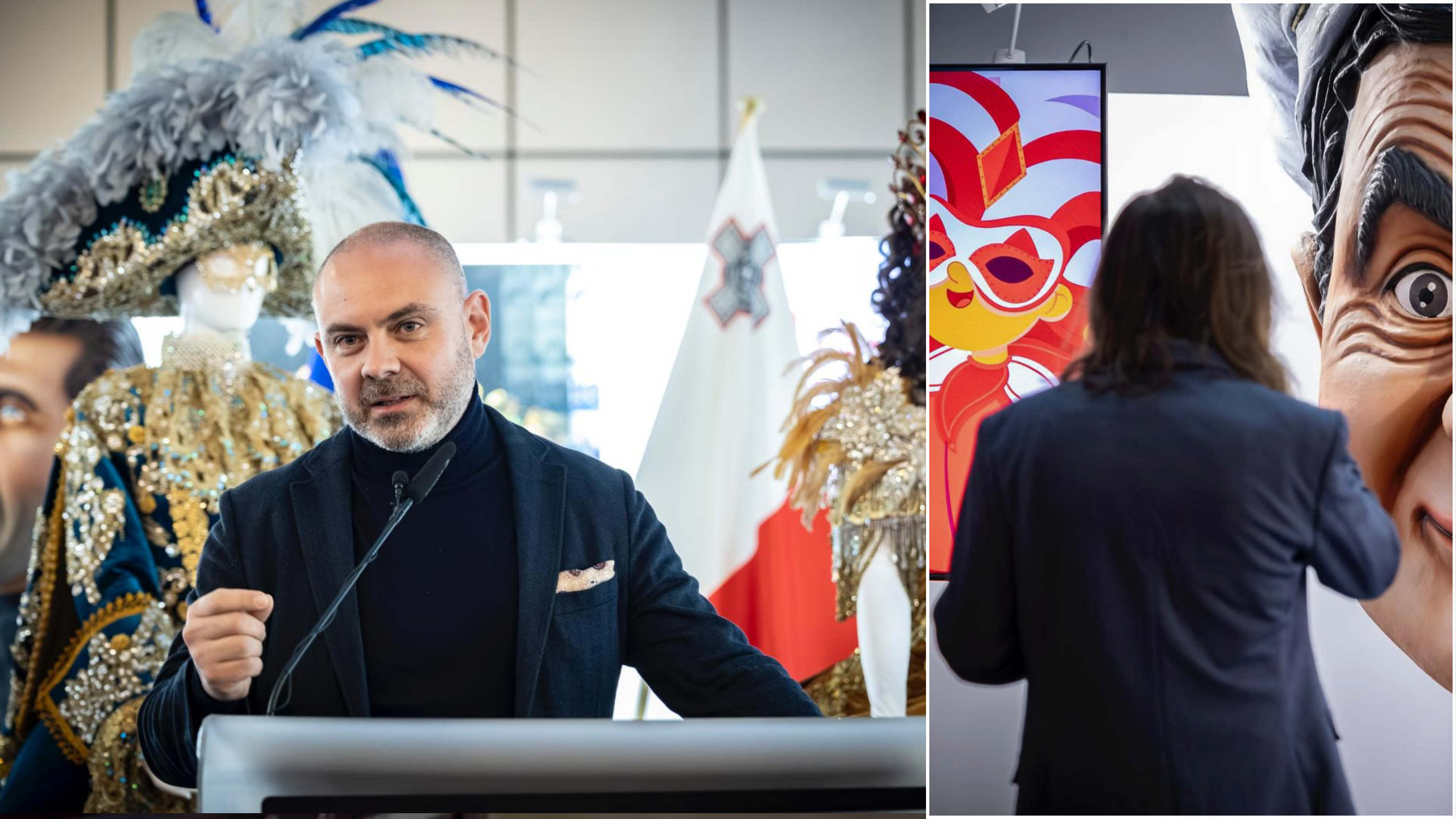 Minister Owen Bonnici adressing the 'Behind The Mask' exhibition opening at the European Parliament (Photo: MCLG)