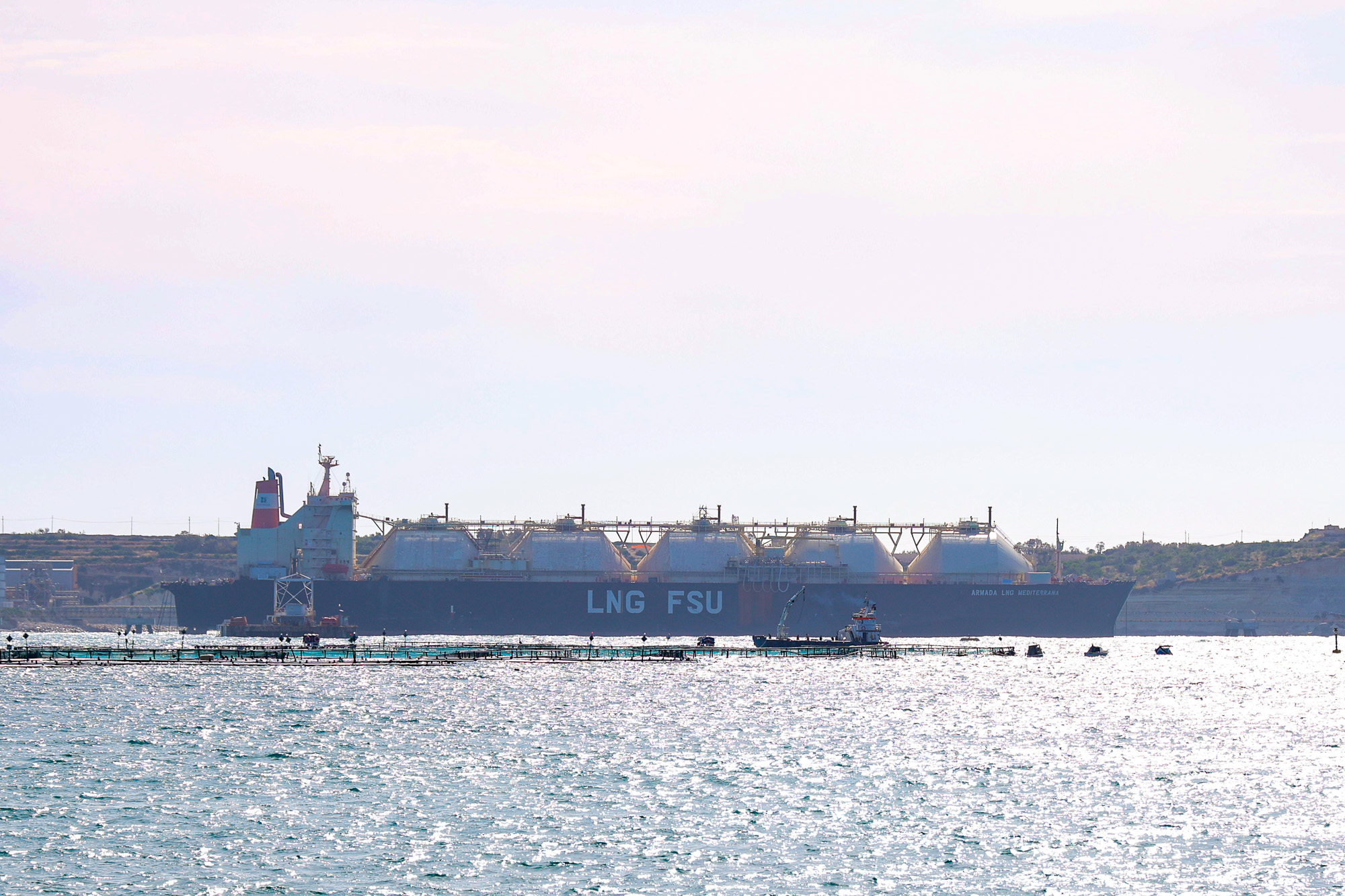 The LNG storage vessel in Marsaxlokk Bay, which the PN says will be shipped out to Hurd’s Bank with its plan to create a maritime fuel hub