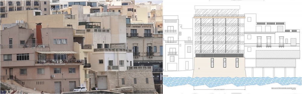 From the back, two basement storeys and four overlying plus penthouse will be visible at sea