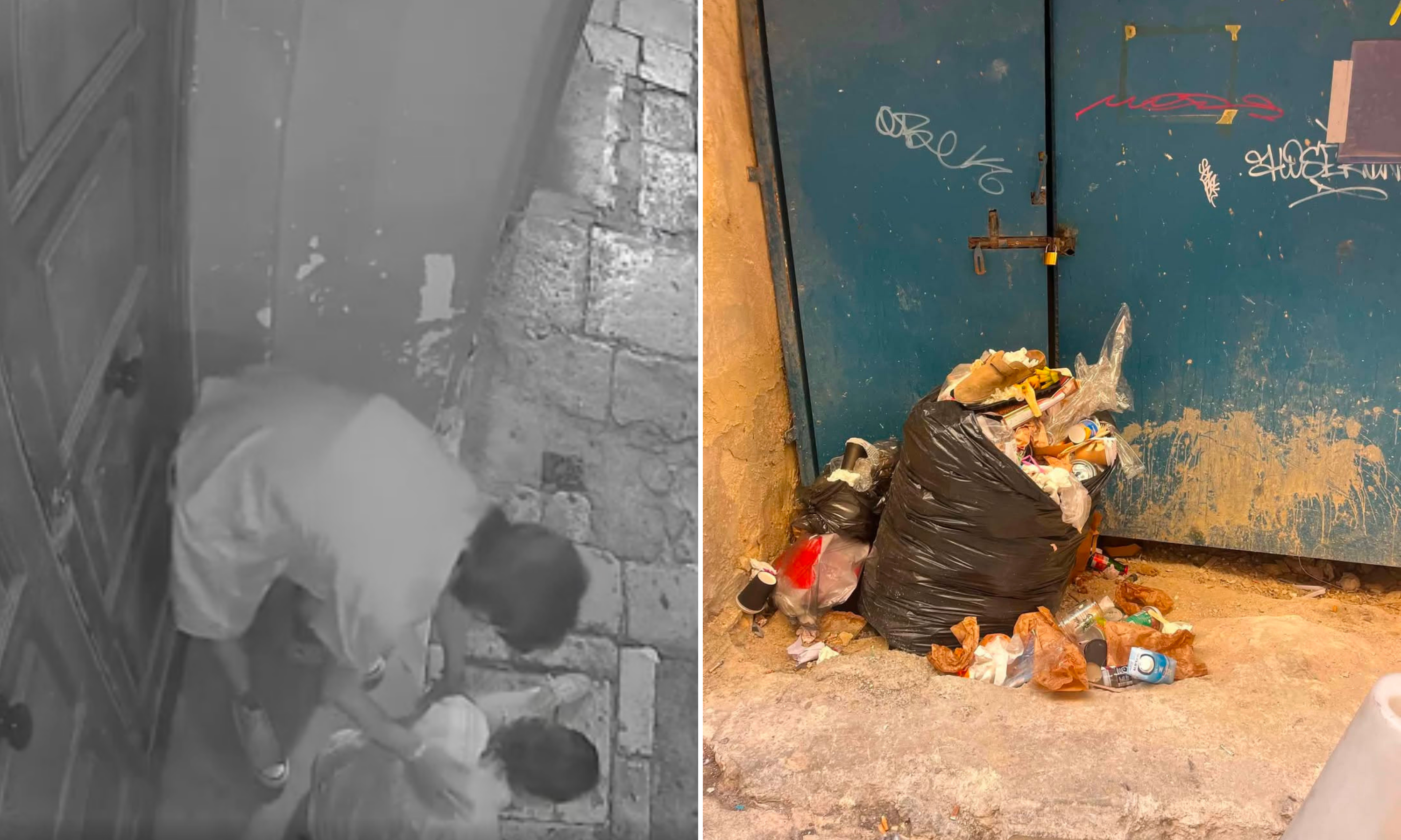 An individual caught vomiting on someone's doorstep (left) and a mound of garbage sitting on the side of the street (right)