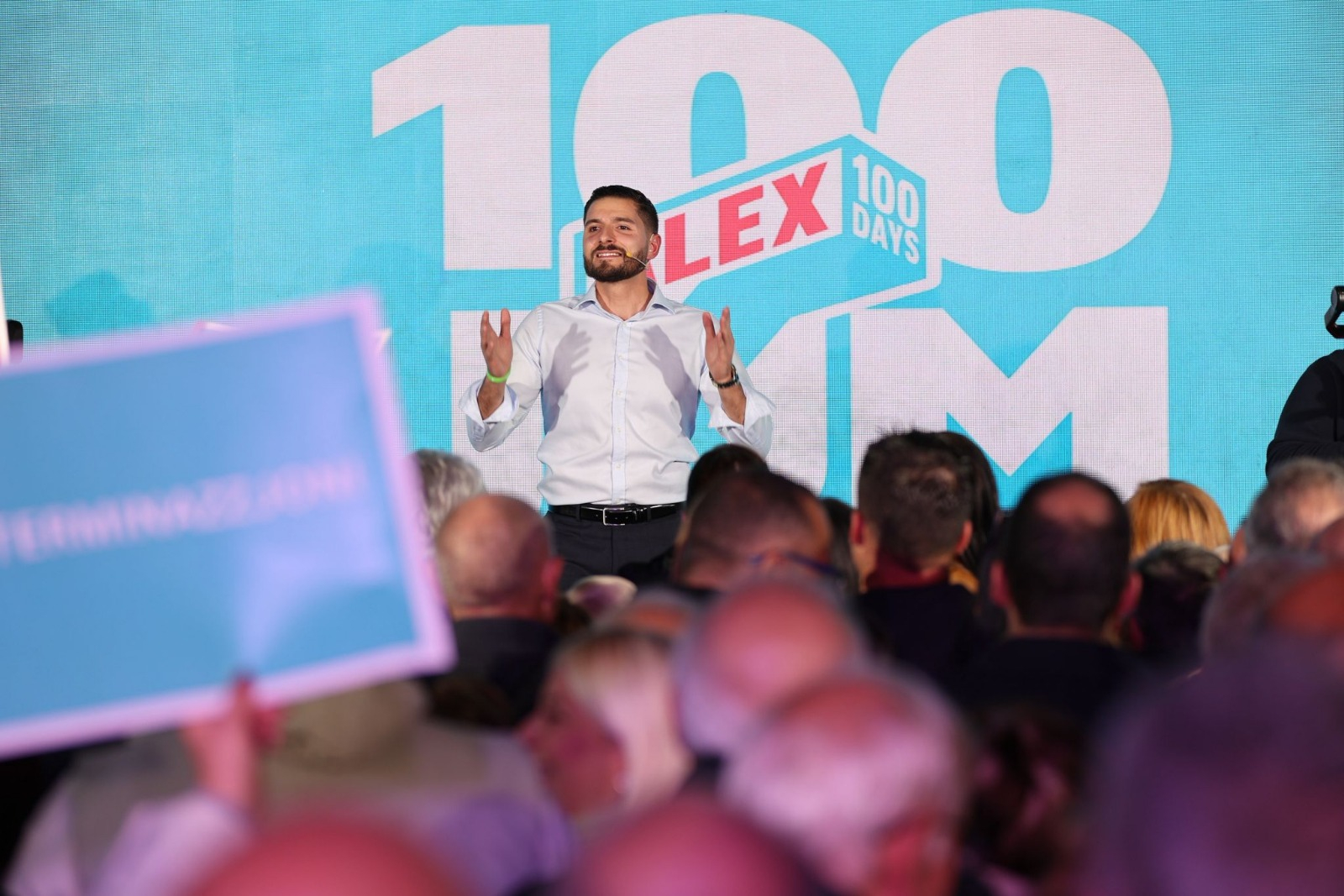 Alex Borg addressing a mass rally outside PN headquarters to mark his first 100 days in office (Photo: PN)