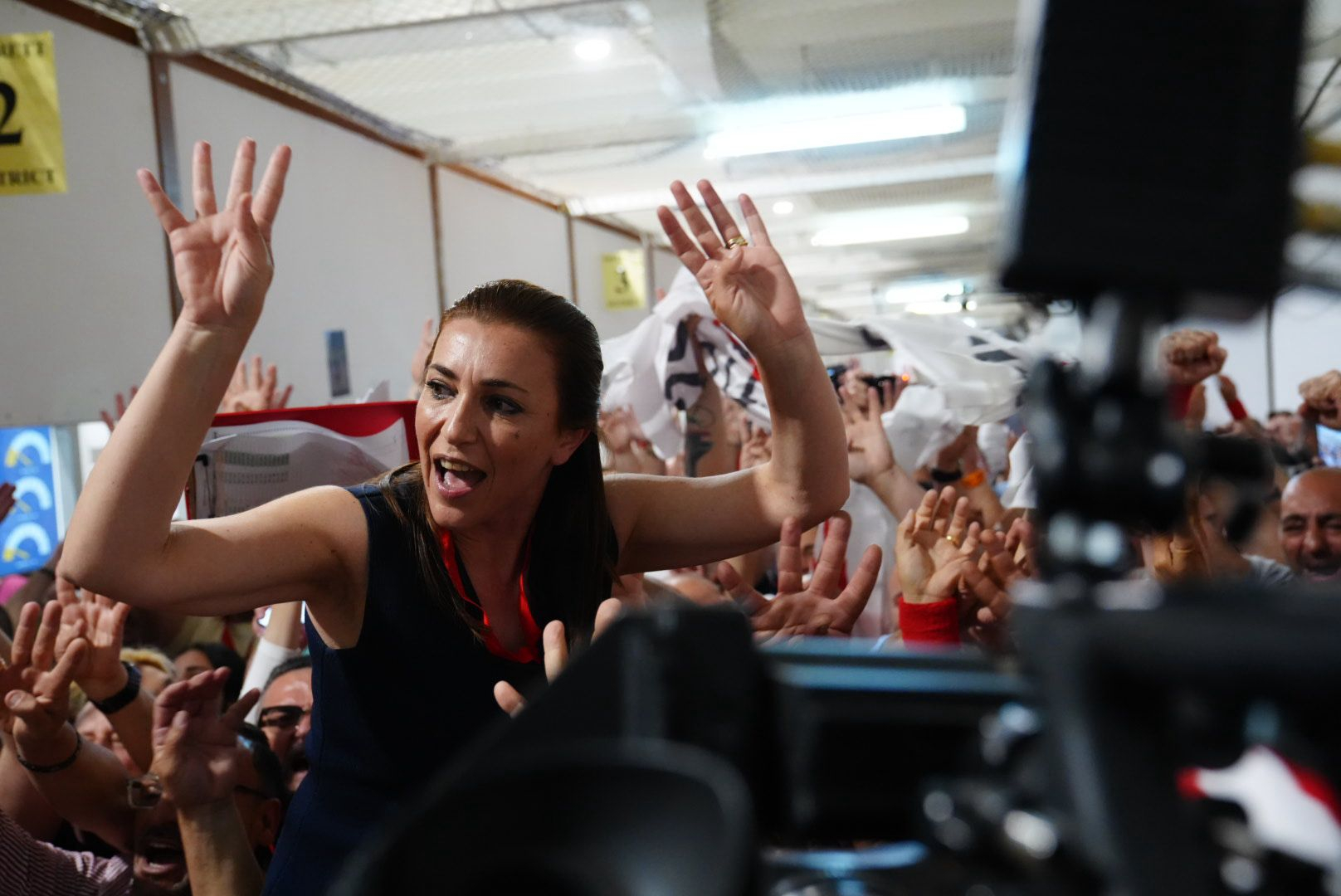 Labour candidate Alison Zerafa Civelli flashing the number four sign to emphasise the historic nature of Labour's fourth consecutive victory (Photo: Daniel Tihn/MaltaToday)