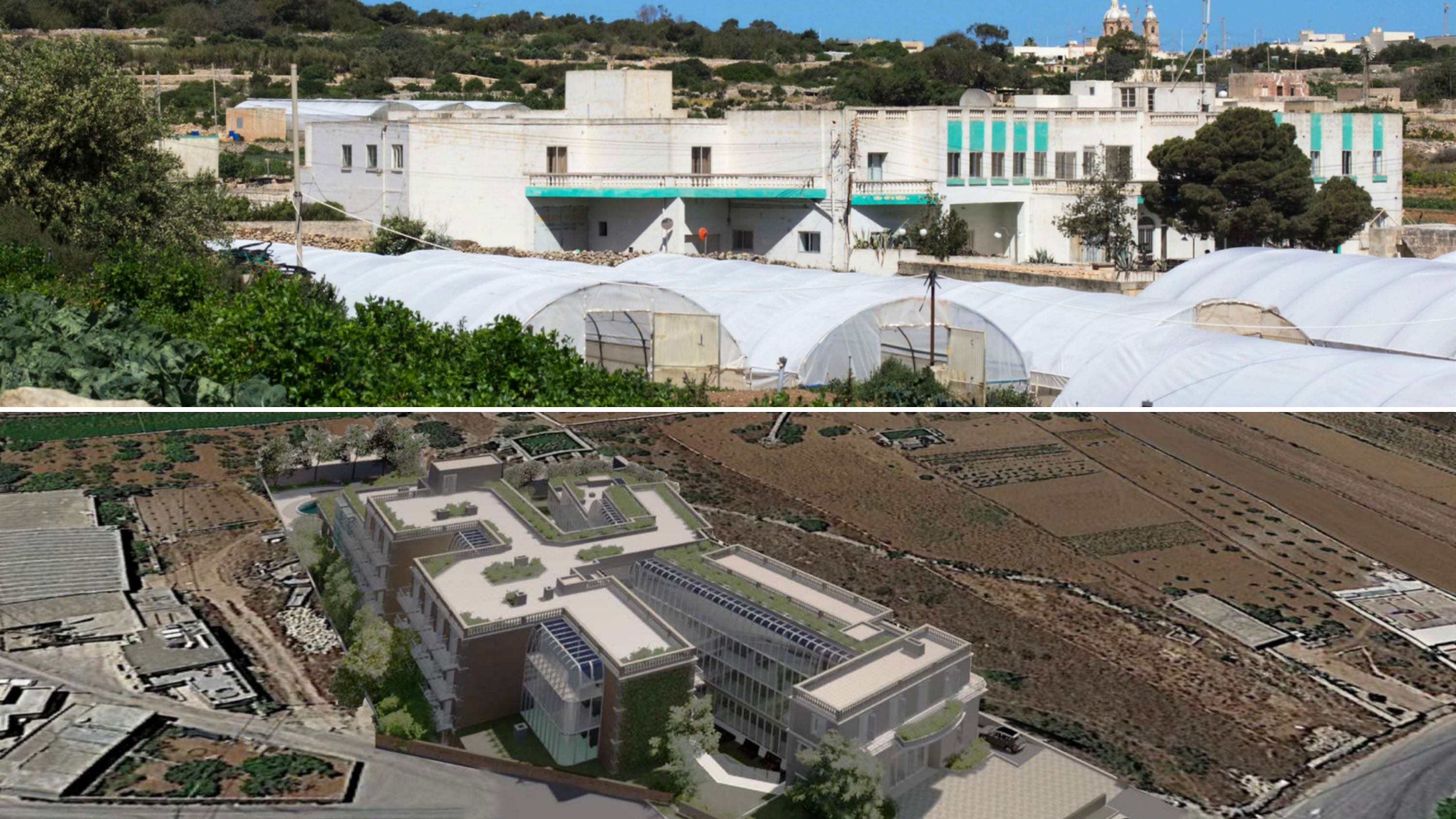 A photo showing the existing site (top) and a photomontage of the proposed development (bottom) 