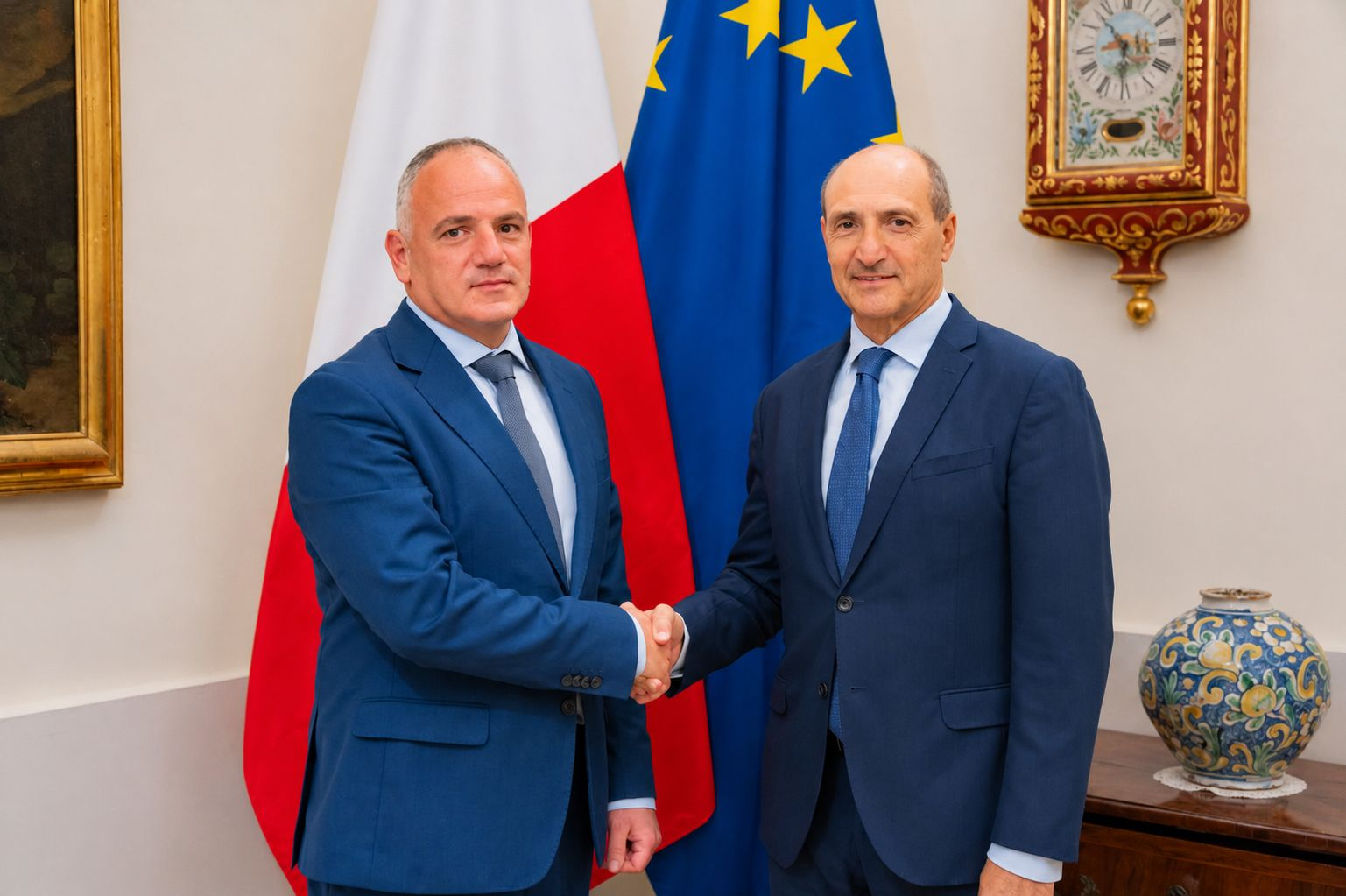 Foreign Minister Chris Fearne (right) met Palestinian Ambassador to Malta Fadi Hanania to inform him that Malta's participation in the Joint Leaders' Statement on Israel's E1 settlement expansion (Photo: X)