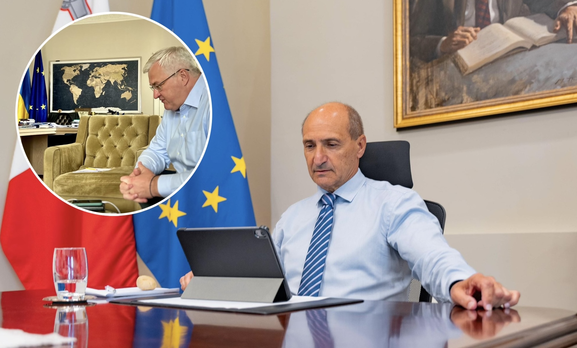 Foreign Minister Chris Fearne in a telephone call with Ukrainian Foreign Minister Andrii Sybiha (inset) (Photos: X)