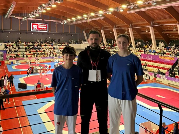 Coach Ditmir Vodinaj, together with athletes Jean Schembri (left) and Alycia Cassar (right)