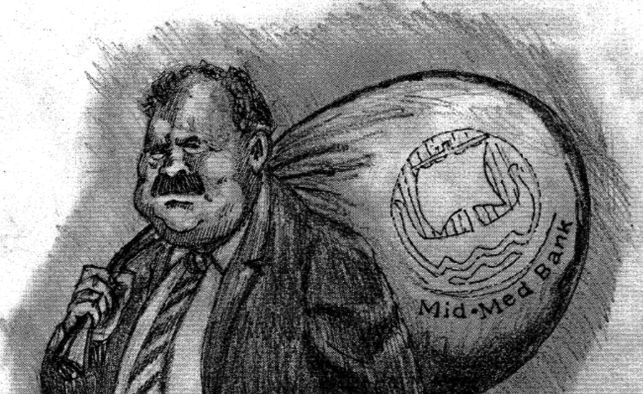 An artist’s impression of Lorry Sant henchman Piju Camilleri, who was one of the businesspersons who benefitted from loans taken out of Mid Med Bank in an abusive manner in the 1980s. The Mid Med scandal was subject to an inquiry that uncovered a network of abuse and corruption with Wenzu Mintoff acting as a whistleblower