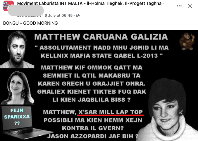One of several Facebook comments casting doubt on the Caruana Galizia family and underscoring the 'missing' laptop