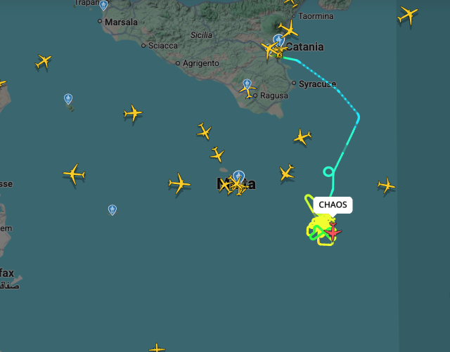 A German maritime patrol aircraft has been circling over a large area to the southeast of Malta believed to be the location of the burning LNG tanker (Screen shot from Flightradar 24)