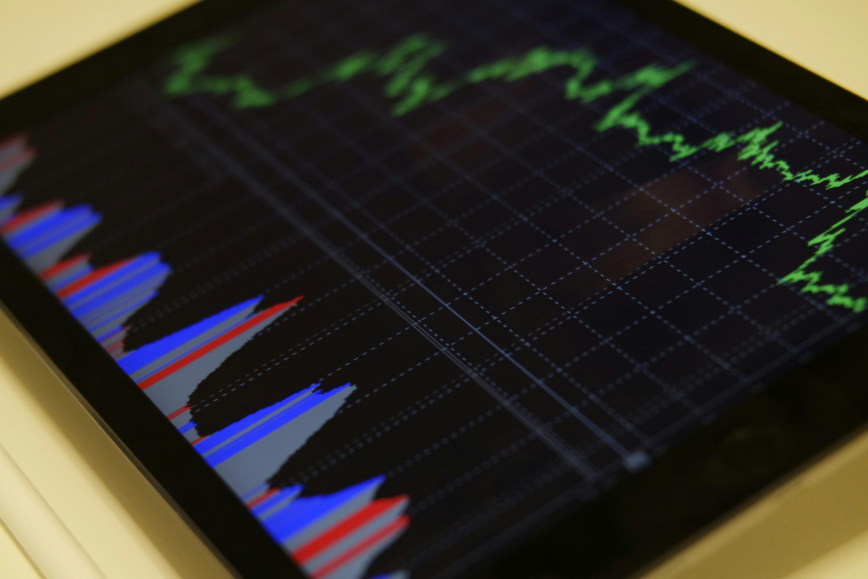 Close-up of a digital trading screen showing forex market data and activity charts