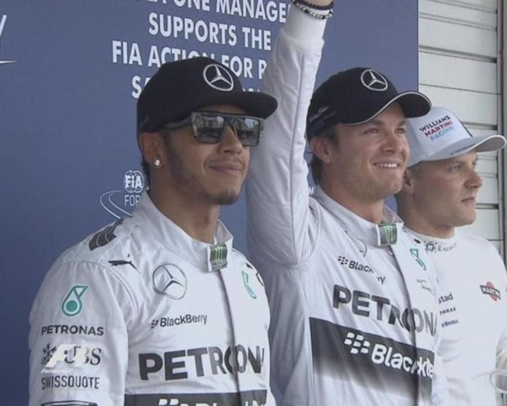 Williams' Valtteri Bottas (right) ends qualifying in third, the nearest challenger to Mercedes duo Nico Rosberg (centre, on pole) and Lewis Hamilton (left)