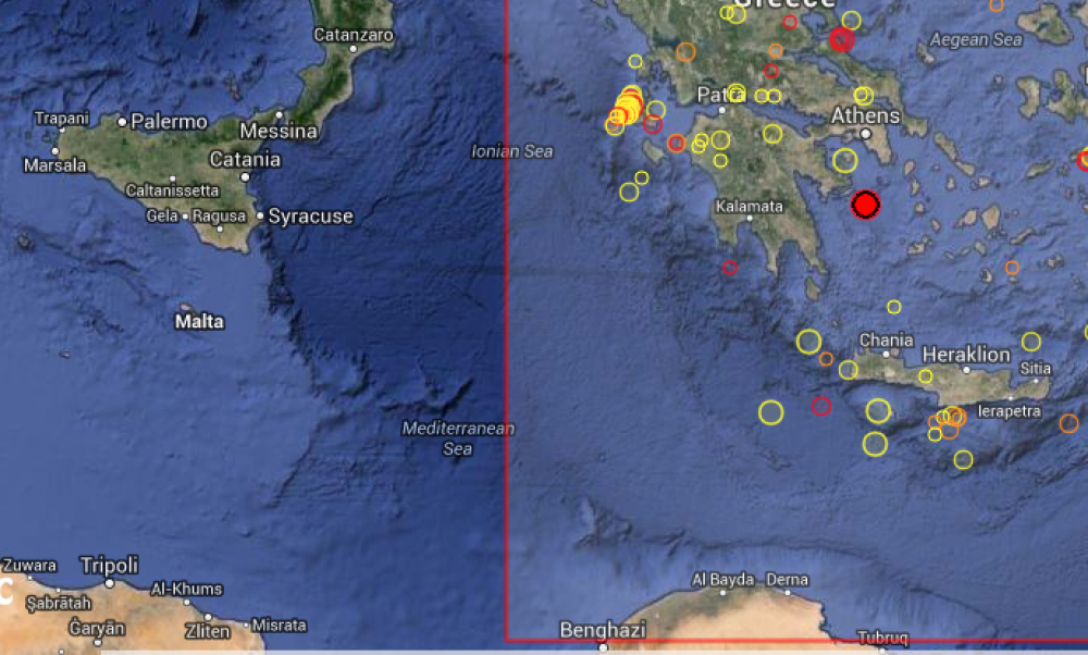 The earthquake took place at the point marked by the red spot, 89km south of Athens.