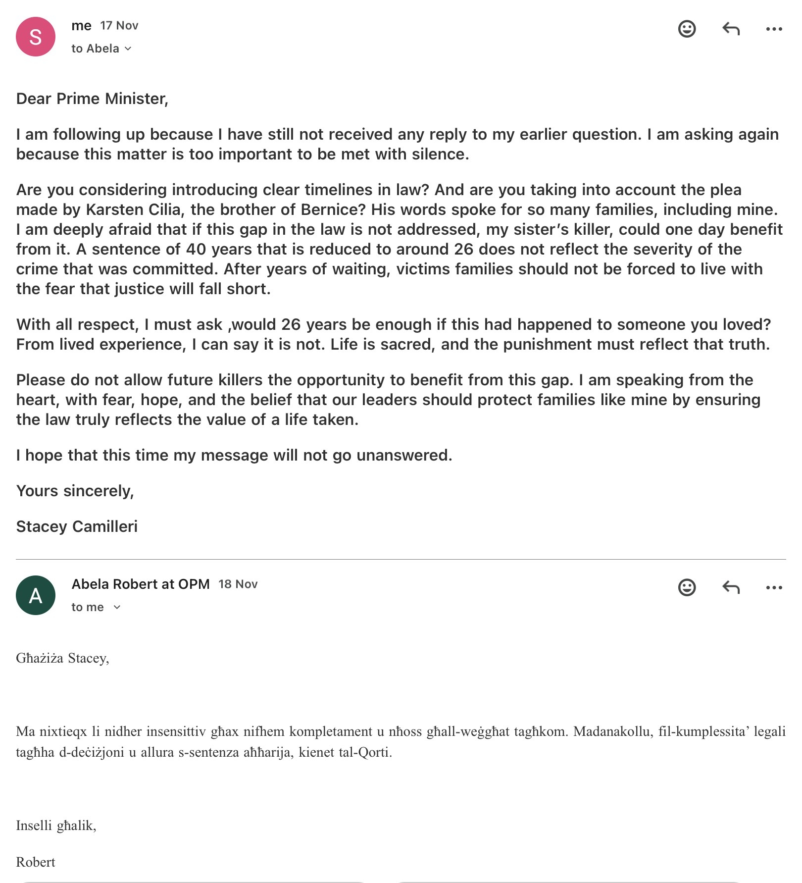 A screenshot of the first exchange between Camilleri and Abela