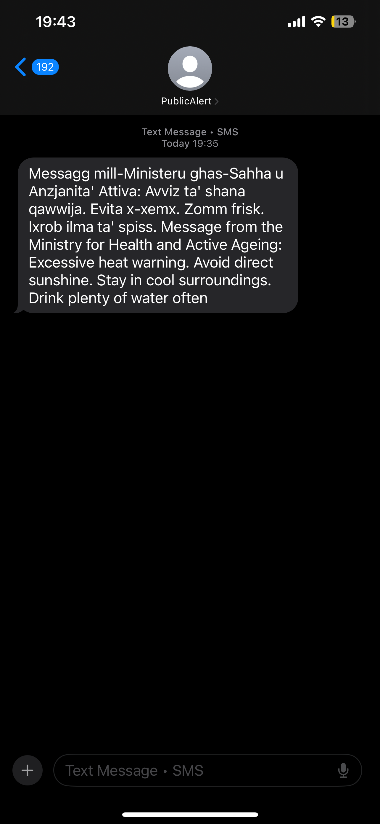 Text message sent to people by Health Ministry 